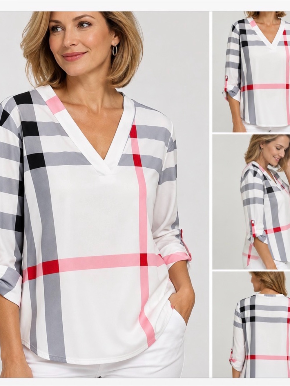 V-Neck Plaid Roll-Sleeve Top in White with Pink & Gray